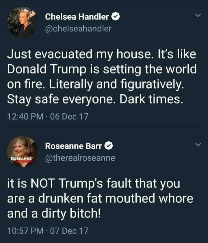 screenshot - Chelsea Handler Just evacuated my house. It's Donald Trump is setting the world on fire. Literally and figuratively. Stay safe everyone. Dark times. 06 Dec 17 Roseanne Barr Roseanne it is Not Trump's fault that you are a drunken fat mouthed w