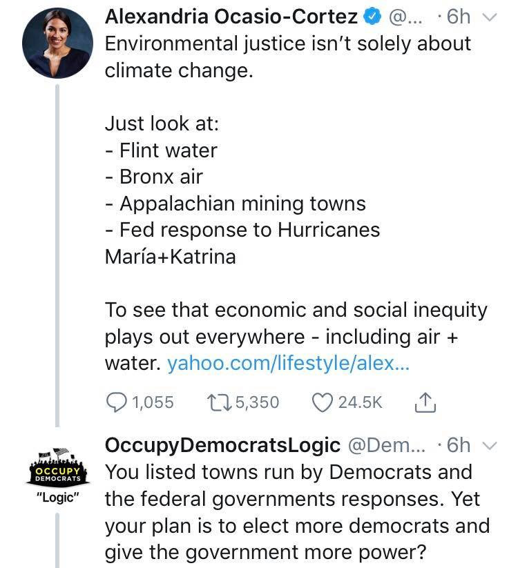 document - Alexandria OcasioCortez @.... 6h Environmental justice isn't solely about climate change. Just look at Flint water Bronx air Appalachian mining towns Fed response to Hurricanes MaraKatrina To see that economic and social inequity plays out ever