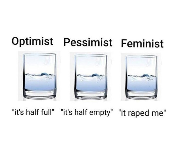 feminist gets rekt - Optimist Pessimist Feminist "it's half full" "it's half empty" "it raped me"