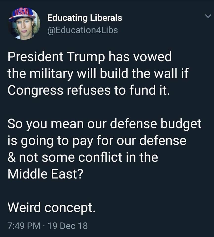 memes - tierra del sol middle school - Educating Liberals President Trump has vowed the military will build the wall if Congress refuses to fund it. So you mean our defense budget is going to pay for our defense & not some conflict in the Middle East? Wei