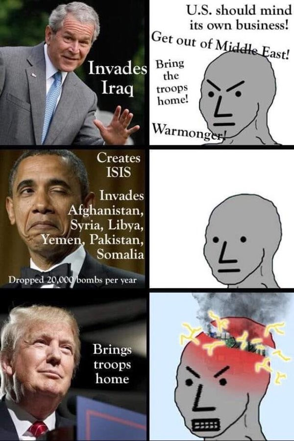 memes - funny npc memes - U.S. should mind its own business! Get out of Middle East! Invades Bring the troops home! Warmonger! Creates Isis Invades Afghanistan, Syria, Libya, Yemen, Pakistan, Somalia Dropped 20,000 bombs per year Brings troops home