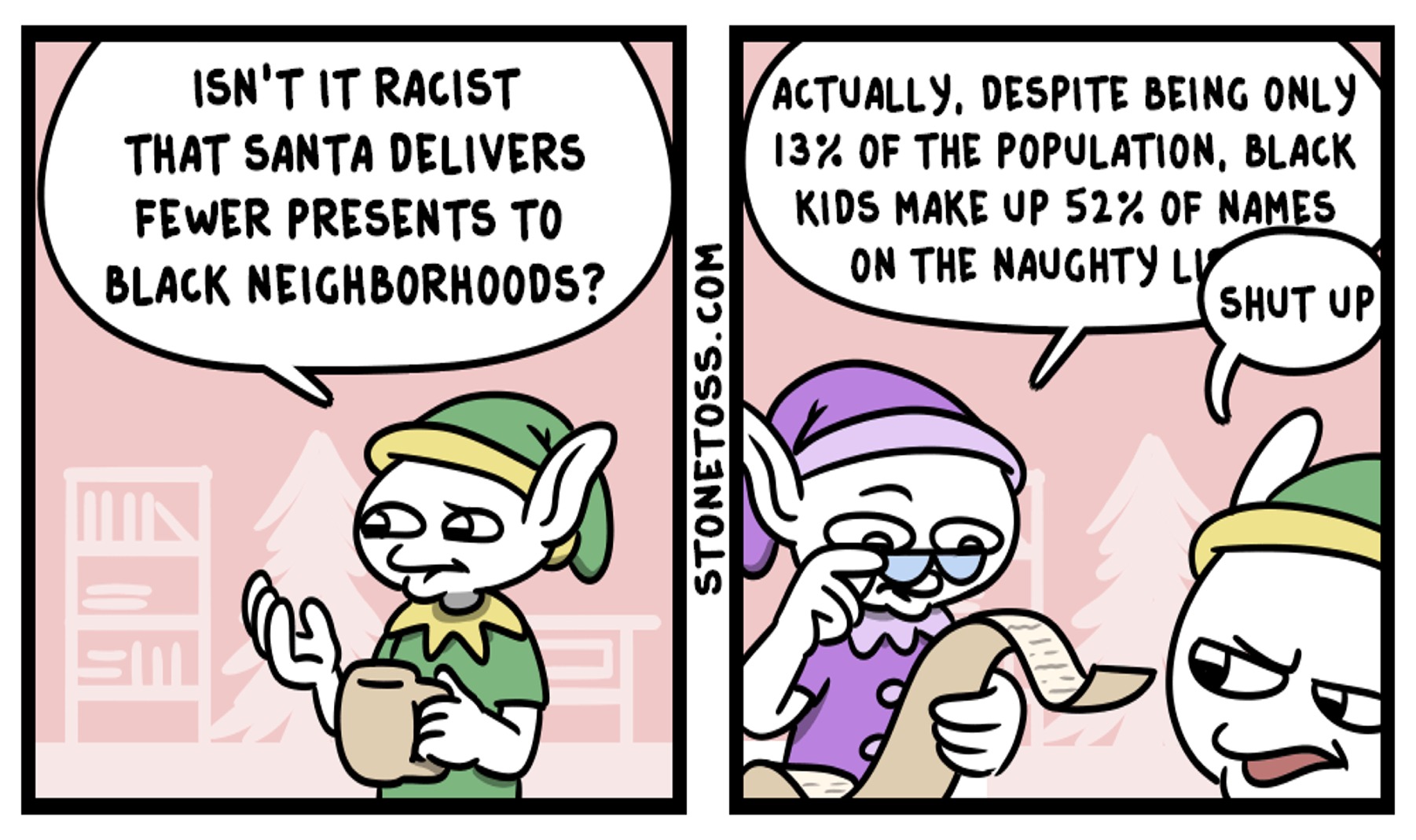 memes - stonetoss comics - Isn'T It Racist That Santa Delivers Fewer Presents To Black Neighborhoods? Actually, Despite Being Only 13% Of The Population, Black Kids Make Up 52% Of Names On The Naughty Ly. Shut Up Stonetoss.Com