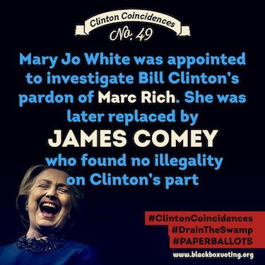 memes - poster - incidences Clinton Coinciden No. 49 Mary Jo White was appointed to investigate Bill Clinton's pardon of Marc Rich. She was later replaced by James Comey who found no illegality on Clinton's part