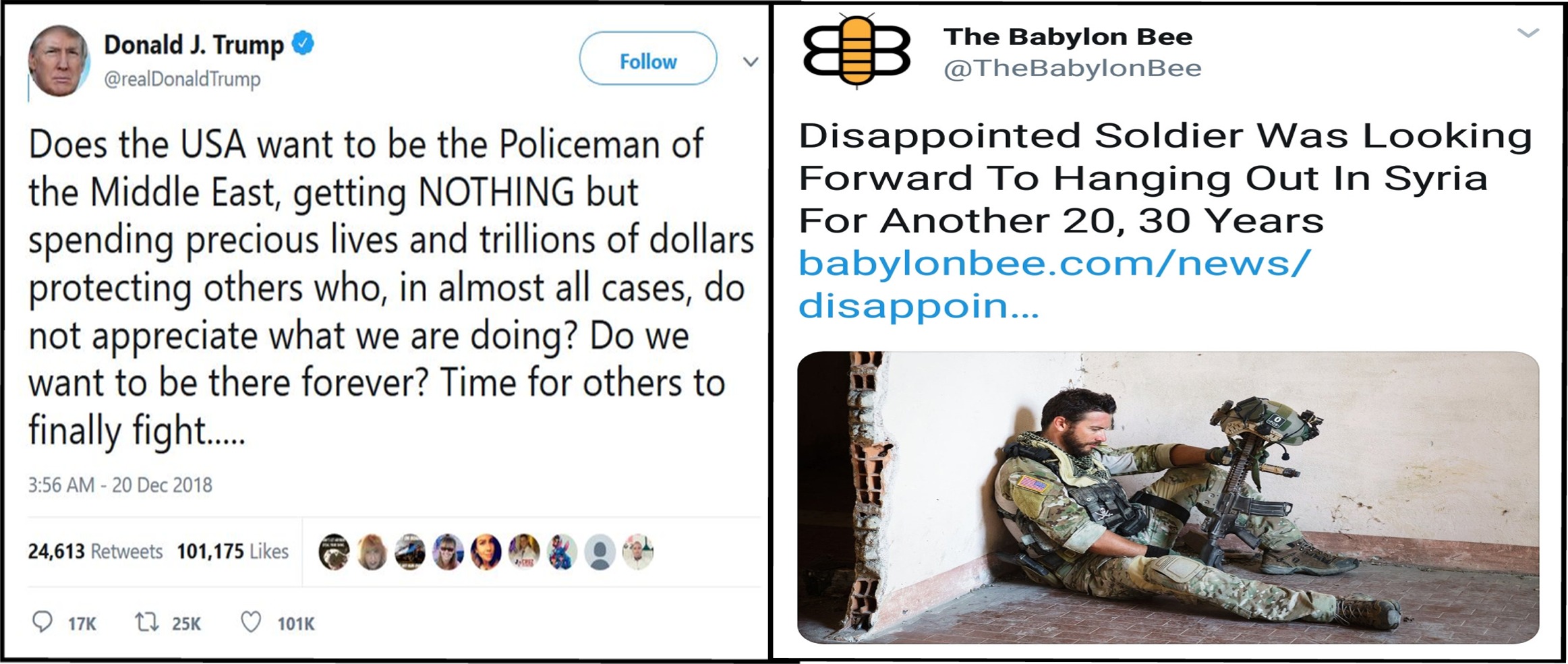 memes - web page - b D The Babylon Bee Bee Donald J. Trump Donald Trump Does the Usa want to be the Policeman of the Middle East, getting Nothing but spending precious lives and trillions of dollars protecting others who, in almost all cases, do not appre