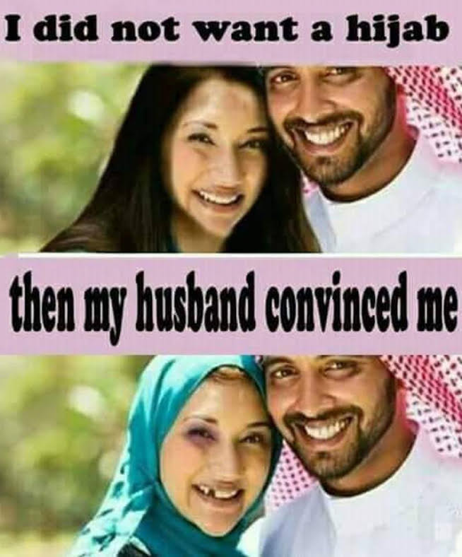 political meme middle eastern couple - I did not want a hijab then my husband convinced me