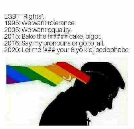 political meme evolution of gay rights meme - Lgbt "Rights". 1995 We want tolerance. 2005 We want equality. 2015 Bake the f## ### cake, bigot. 2016 Say my pronouns or go to jail. 2020 Let me f### your 8 yo kid, pedophobe