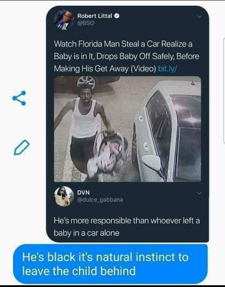 political meme comedy meme of anime - Robert Littal Watch Florida Man Steal a Car Realize a Baby is in It, Drops Baby Off Safely, Before Making His Get Away Video bit.ly Dvn He's more responsible than whoever left a baby in a car alone He's black it's nat