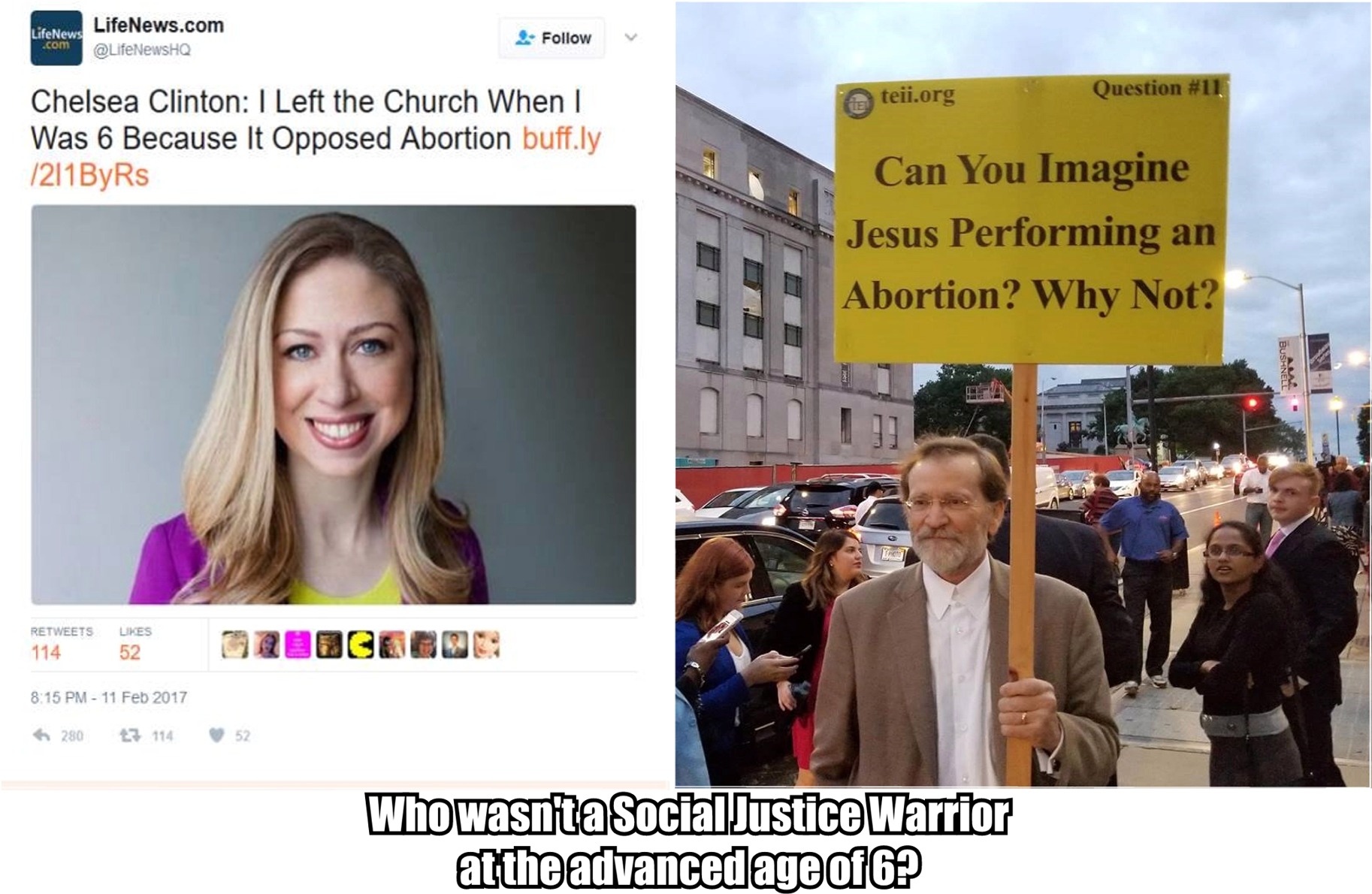 political meme presentation - LifeNews .com LifeNews.com 4. Ateii.org Question Chelsea Clinton I Left the Church When I Was 6 Because It Opposed Abortion buff.ly 1211ByRs Can You Imagine Jesus Performing an Abortion? Why Not? Bushnell 114 52 280 13 114 52
