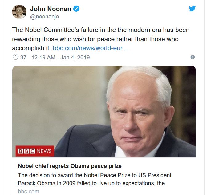 political meme photo caption - John Noonan The Nobel Committee's failure in the the modern era has been rewarding those who wish for peace rather than those who accomplish it. bbc.comnewsworldeur... 37 Bbc News Nobel chief regrets Obama peace prize The de