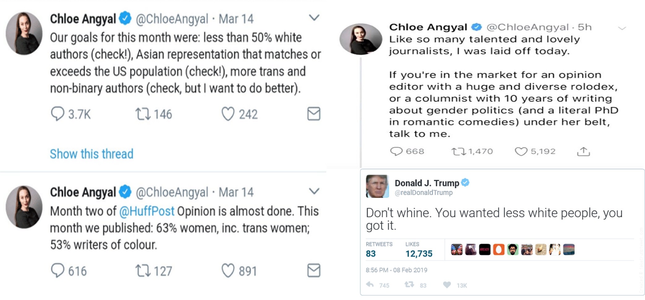 memes - document - Chloe Angyal 5h so many talented and lovely journalists, I was laid off today. Chloe Angyal Mar 14 Our goals for this month were less than 50% white authors check!, Asian representation that matches or exceeds the Us population check!, 