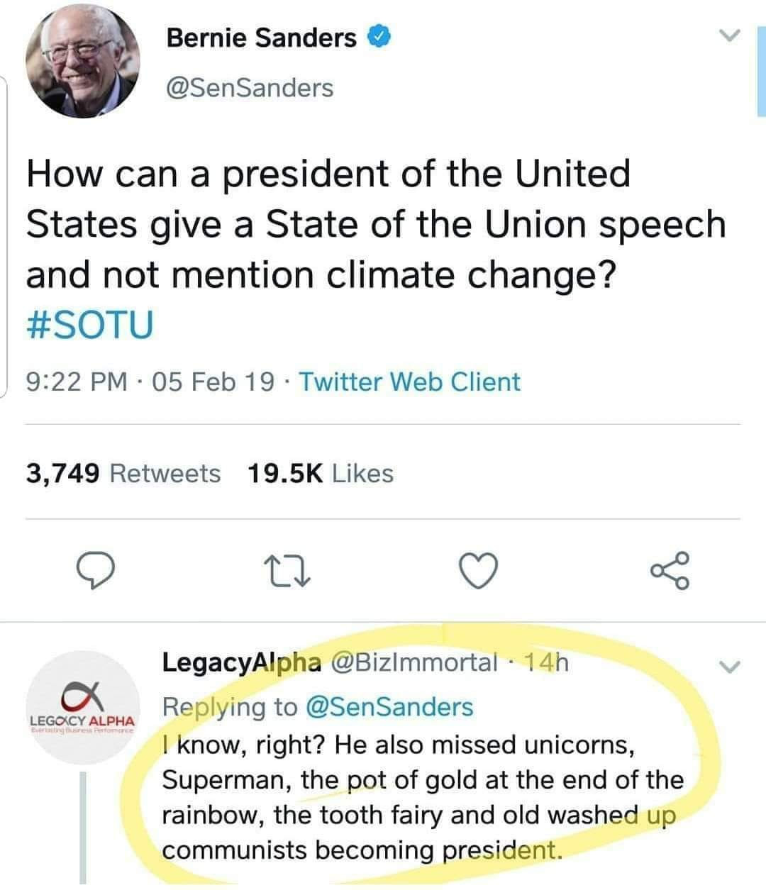 memes - document - Bernie Sanders How can a president of the United States give a State of the Union speech and not mention climate change? 05 Feb 19. Twitter Web Client 3,749 22 Legocy Alpha LegacyAlpha 14h I know, right? He also missed unicorns, Superma