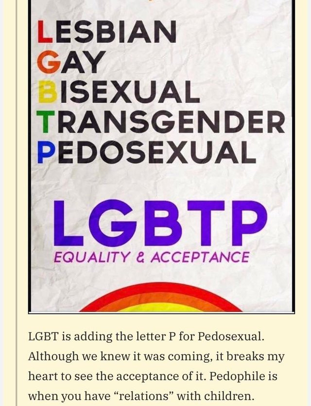 memes - banner - Lesbian Gay Bisexual Transgender Pedosexual Lgbtp Equality & Acceptance Lgbt is adding the letter P for Pedosexual. Although we knew it was coming, it breaks my heart to see the acceptance of it. Pedophile is when you have "relations" wit