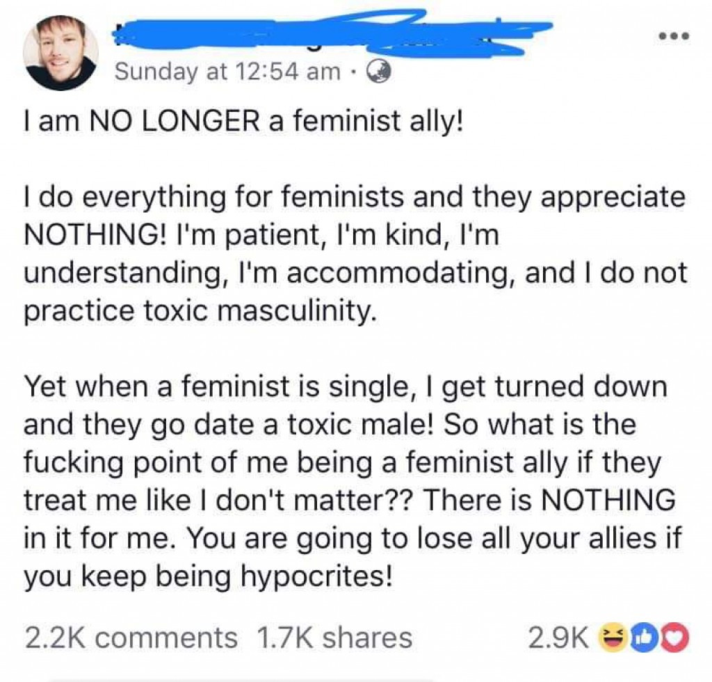 memes - document - Sunday at Tam No Longer a feminist ally! I do everything for feminists and they appreciate Nothing! I'm patient, I'm kind, I'm understanding, I'm accommodating, and I do not practice toxic masculinity. Yet when a feminist is single, I g