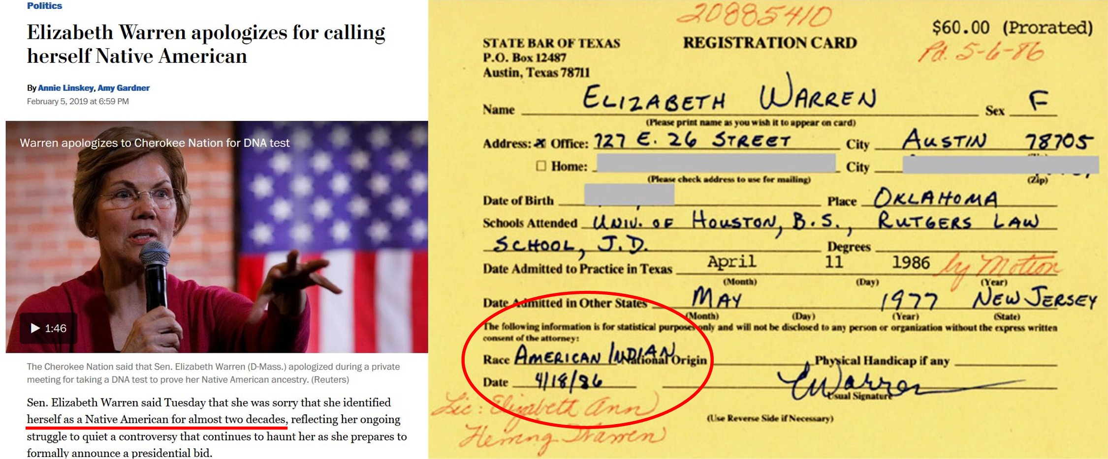 memes - media - Elizabeth Warren apologizes for calling hersell Native American Warren apologizes to Cherokee Nation for Dna test 20885410 $60.00 Prorated State Bar Of Texas Registration Card P.O. Hos 120 12 16 Austin, Texas 78711 Elizabeth Warren Nane sa