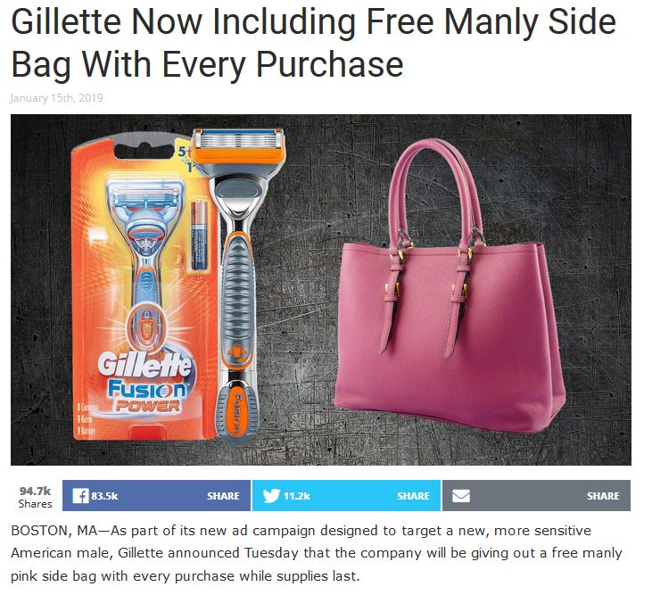 memes - orange - Gillette Now Including Free Manly Side Bag With Every Purchase January 15th, 2019 Gillette Fusion Power Ig Thes Cos 1 f Boston, MaAs part of its new ad campaign designed to target a new, more sensitive American male, Gillette announced Tu