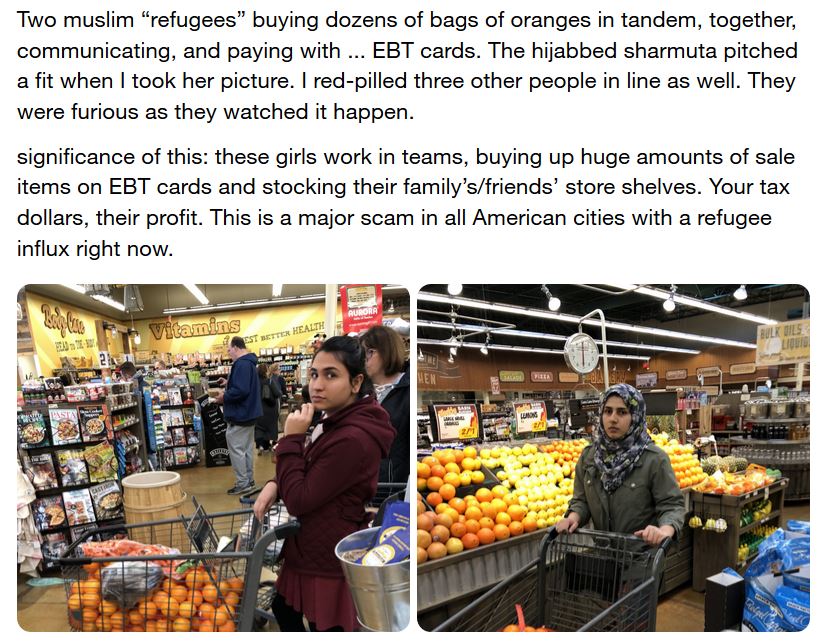 memes - supermarket - Two muslim refugees buying dozens of bags of oranges in tandem, together, communicating, and paying with ... Ebt cards. The hijabbed sharmuta pitched a fit when I took her picture. I redpilled three other people in line as well. They