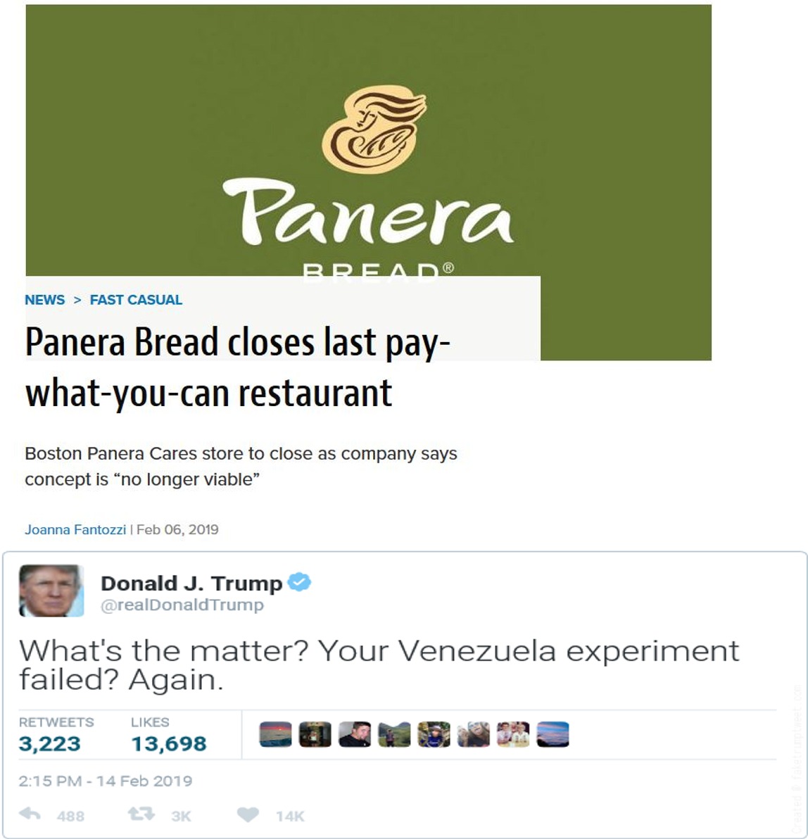 memes - web page - Panera Read News > Fast Casual Panera Bread closes last pay whatyoucan restaurant Boston Panera Cares store to close as company says concept is no longer viable Joanna Fantozzi Donald J. Trump Trump What's the matter? Your Venezuela exp