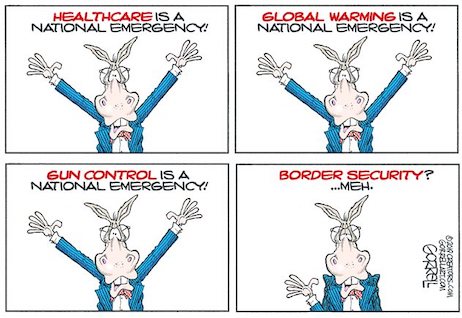 memes -  cartoon - Healthcareis A National Emergency Global Warming Is A National Emergency! Gun Control Is A National Emergency! Border Security? ...Meh. $ 2010 Creators.Com