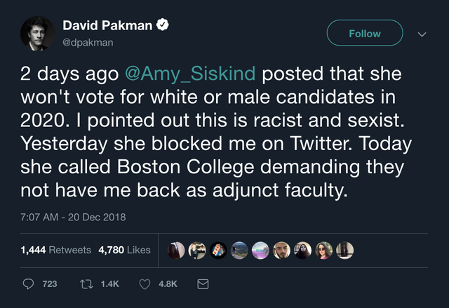 memes -  Ben Shapiro - David Pakman v 2 days ago posted that she won't vote for white or male candidates in 2020. I pointed out this is racist and sexist. Yesterday she blocked me on Twitter. Today she called Boston College demanding they not have me back