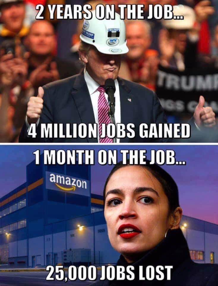 memes -  trump and coal - 2 Years On The Job.. Unum Trumi 4 Million Jobs Gained 1 Month On The Job... amazon 25,000 Jobs Lost