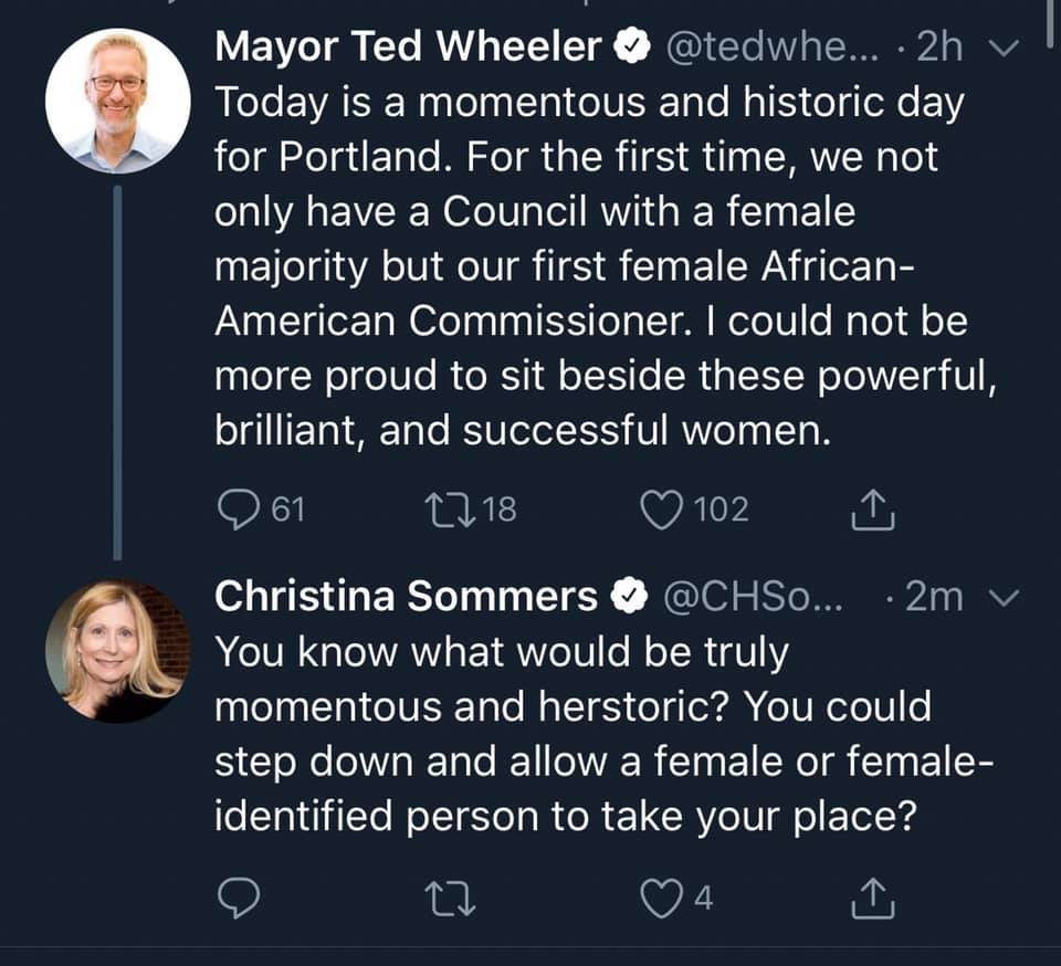 memes -  atmosphere - Mayor Ted Wheeler ... 2h v Today is a momentous and historic day for Portland. For the first time, we not only have a Council with a female majority but our first female African American Commissioner. I could not be more proud to sit