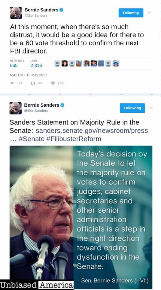 media - Bernie Sanders ing At this moment, when there's so much distrust, it would be a good idea for there to be a 60 vote threshold to confirm the next Fbi director. 565 2.316 1443 565 Bernie Sanders ing Sanders Statement on Majority Rule in the Senate…