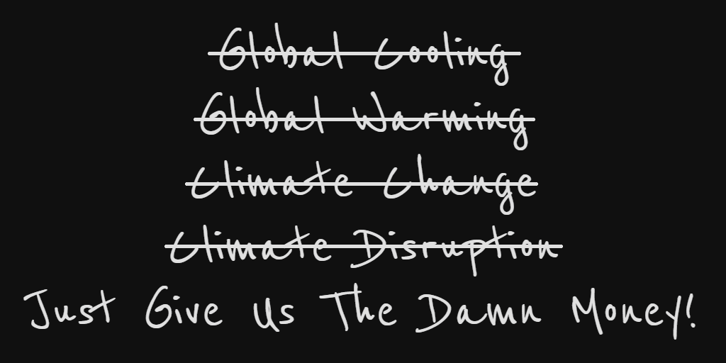 handwriting - Stabat Gooting Global Warming Elimate change Elimate Distuption Give Us The Damn Money! Just