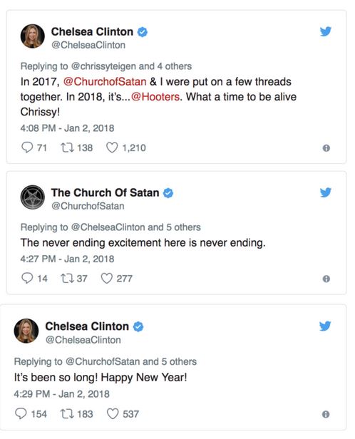 web page - Chelsea Clinton and 4 others In 2017, & I were put on a few threads together. In 2018, it's.... What a time to be alive Chrissy! 71 72 138 1,210 The Church of Satan Clinton and 5 others The never ending excitement here is never ending. 14 237 2
