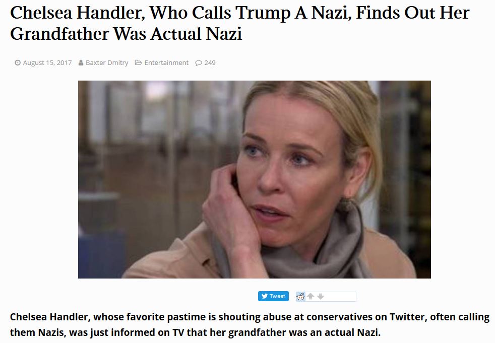photo caption - Chelsea Handler, Who Calls Trump A Nazi, Finds Out Her Grandfather Was Actual Nazi & Baxter Dmitry Entertainment 249 y Tweet Chelsea Handler, whose favorite pastime is shouting abuse at conservatives on Twitter, often calling them Nazis, w