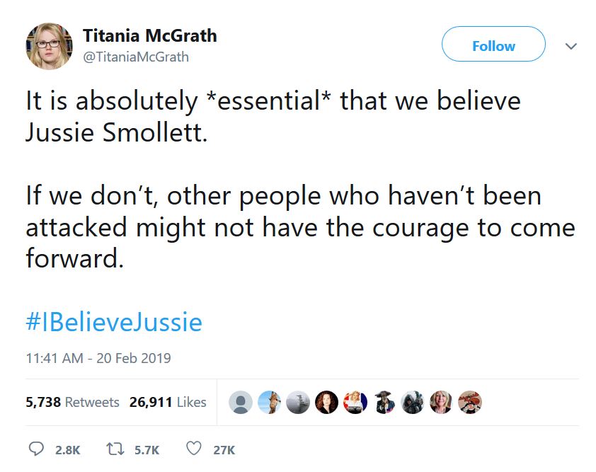 angle - Titania McGrath McGrath v It is absolutely essential that we believe Jussie Smollett. If we don't, other people who haven't been attacked might not have the courage to come forward. 5,738 26,911 00 0 12 27K