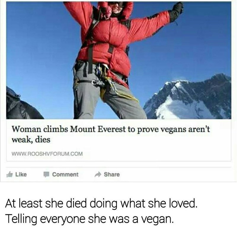 least she died doing what she loved - Woman climbs Mount Everest to prove vegans aren't weak, dies Il Comment At least she died doing what she loved. Telling everyone she was a vegan.