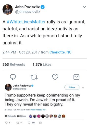 screenshot - John Pavlovitz A rally is as ignorant, hateful, and racist an ideaactivity as there is. As a white person I stand fully against it. from Charlotte, Nc 363 1,376 John Pavlovitz Trump supporters keep commenting on my being Jewish. I'm Jewish I'