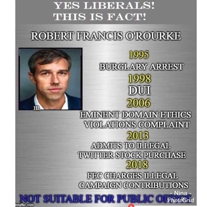 robert francis o rourke - Yes Liberals! This Is Fact! Robert Francis O'Rourke 1995 Burglary Arrest 1998 Dui 2006 Eminent Domain Ethics Violations Complaint 2013 Admits To Illegal Twitter Stock Purchase 2018 Fec Charges Illegal Campaign Contributions Nina 