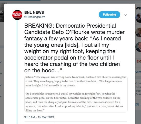 web page - Wh Breaking News Bnl News Live ing Breaking Democratic Presidential Candidate Beto O'Rourke wrote murder fantasy a few years back "As I neared the young ones kids, I put all my weight on my right foot, keeping the accelerator pedal on the floor