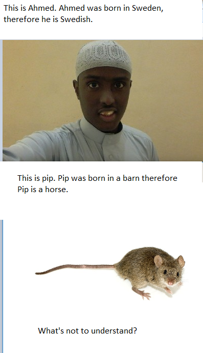 rat - This is Ahmed. Ahmed was born in Sweden, therefore he is Swedish. This is pip. Pip was born in a barn therefore Pip is a horse. What's not to understand?