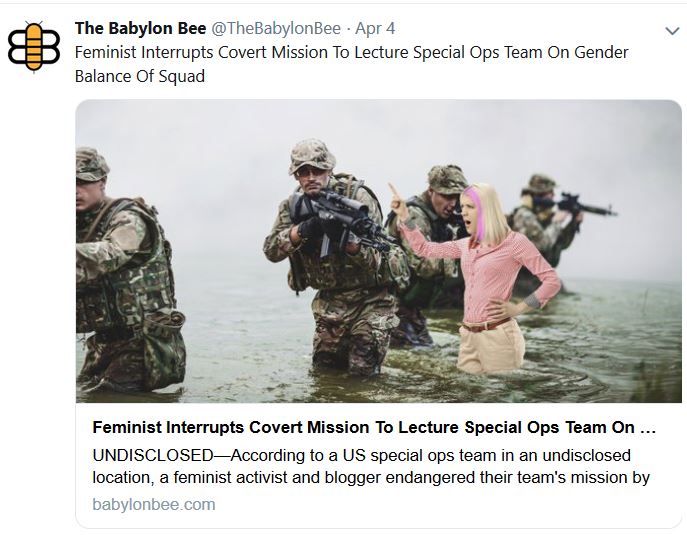 special ops - Id The Babylon Bee Apr 4 Feminist Interrupts Covert Mission To Lecture Special Ops Team On Gender Balance Of Squad m Feminist Interrupts Covert Mission To Lecture Special Ops Team On ... UNDISCLOSEDAccording to a Us special ops team in an un