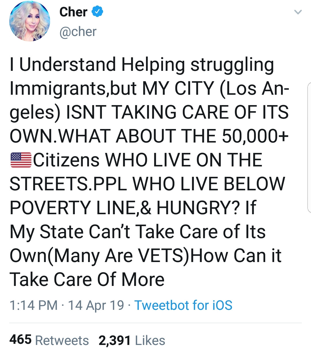 Conservative memes - point - Cher T Understand Helping struggling Immigrants,but My City Los An geles Isnt Taking Care Of Its Own.What About The 50,000 Citizens Who Live On The Streets.Ppl Who Live Below Poverty Line,& Hungry? If My State Can't Take Care 