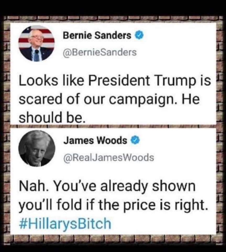 Conservative memes - Donald Trump - Bernie Sanders Sanders I Looks President Trump is scared of our campaign. He should be. James Woods . James F Nah. You've already shown you'll fold if the price is right.