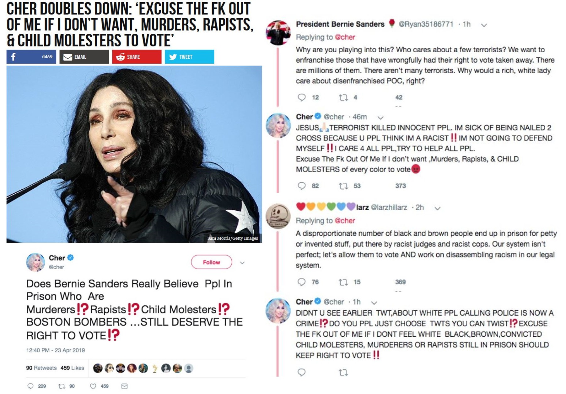 Conservative memes - media - Cher Doubles Down "Excuse The Fk Out Of Me If I Don'T Want, Murders, Rapists, & Child Molesters To Vote' f Shie Et President Bernie Sanders Ryan35186771.th Ocher Why are you playing into this? Who cares about a few terrorists?