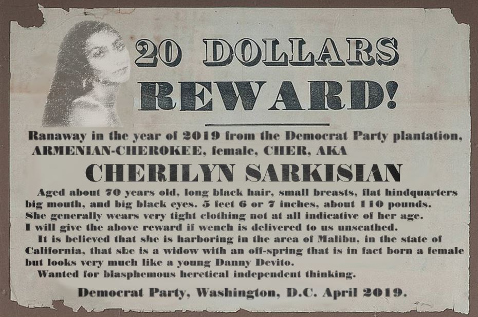 Conservative memes - run away slaves poster - 20 Dollars Reward! Ranaway in the year of 2019 from the Democrat Party plantation, ArmenianCherokee, female, Cher, Aka Cherilyn Sarkistan Aged about 70 years old, long black hair, small breasts, flat hindquart