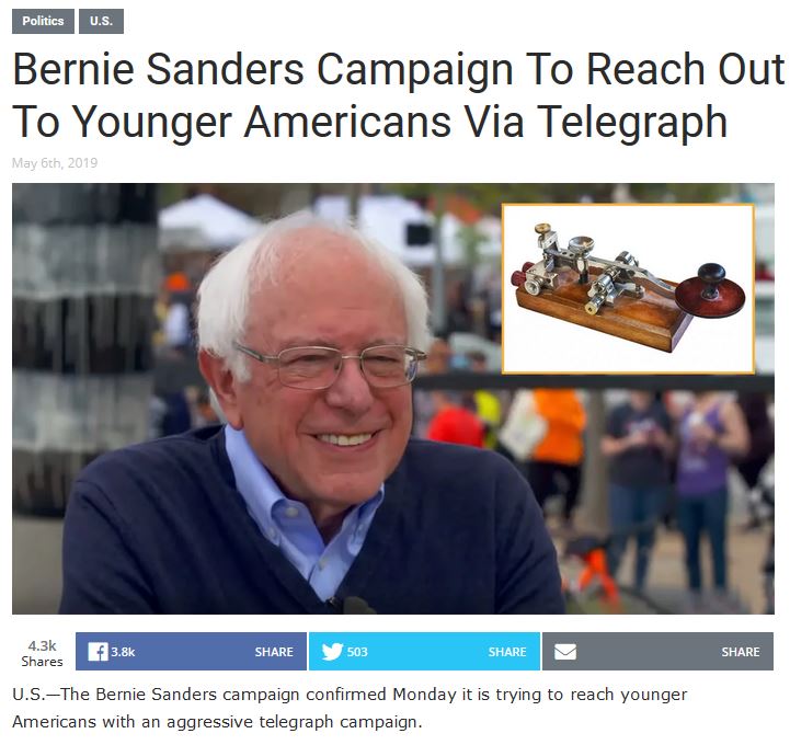 photo caption - Politics U.S. Bernie Sanders Campaign To Reach Out To Younger Americans Via Telegraph May 6th, 2019 f 503 U.S.The Bernie Sanders campaign confirmed Monday it is trying to reach younger Americans with an aggressive telegraph campaign.