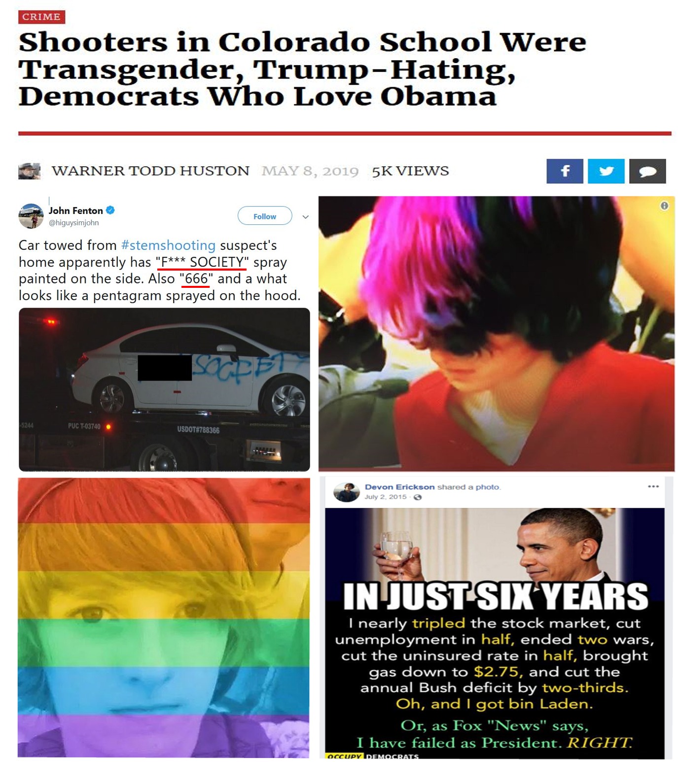 display advertising - Crime Shooters in Colorado School Were Transgender, TrumpHating, Democrats Who Love Obama e Warner Todd Huston Sk Views Funtion Car towed from stemshooting suspect's home apparently has "F Society spray painted on the side. Also "666