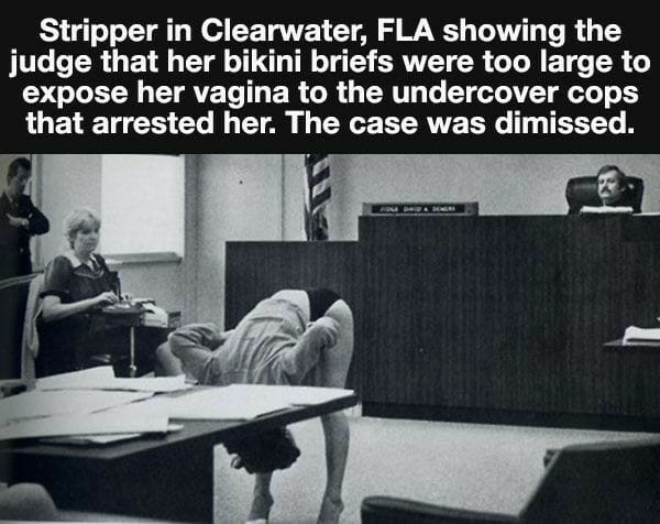 if it pleases the court - Stripper in Clearwater, Fla showing the judge that her bikini briefs were too large to expose her vagina to the undercover cops that arrested her. The case was dimissed.