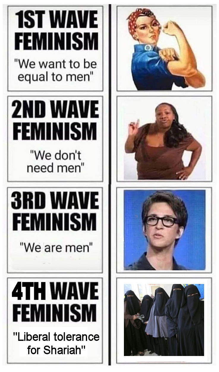 feminism we are men meme - 1ST Wave Feminism "We want to be equal to men" 2ND Wave Feminism "We don't need men" 3RD Wave Feminism "We are men" 4TH Wave Feminism "Liberal tolerance for Shariah"