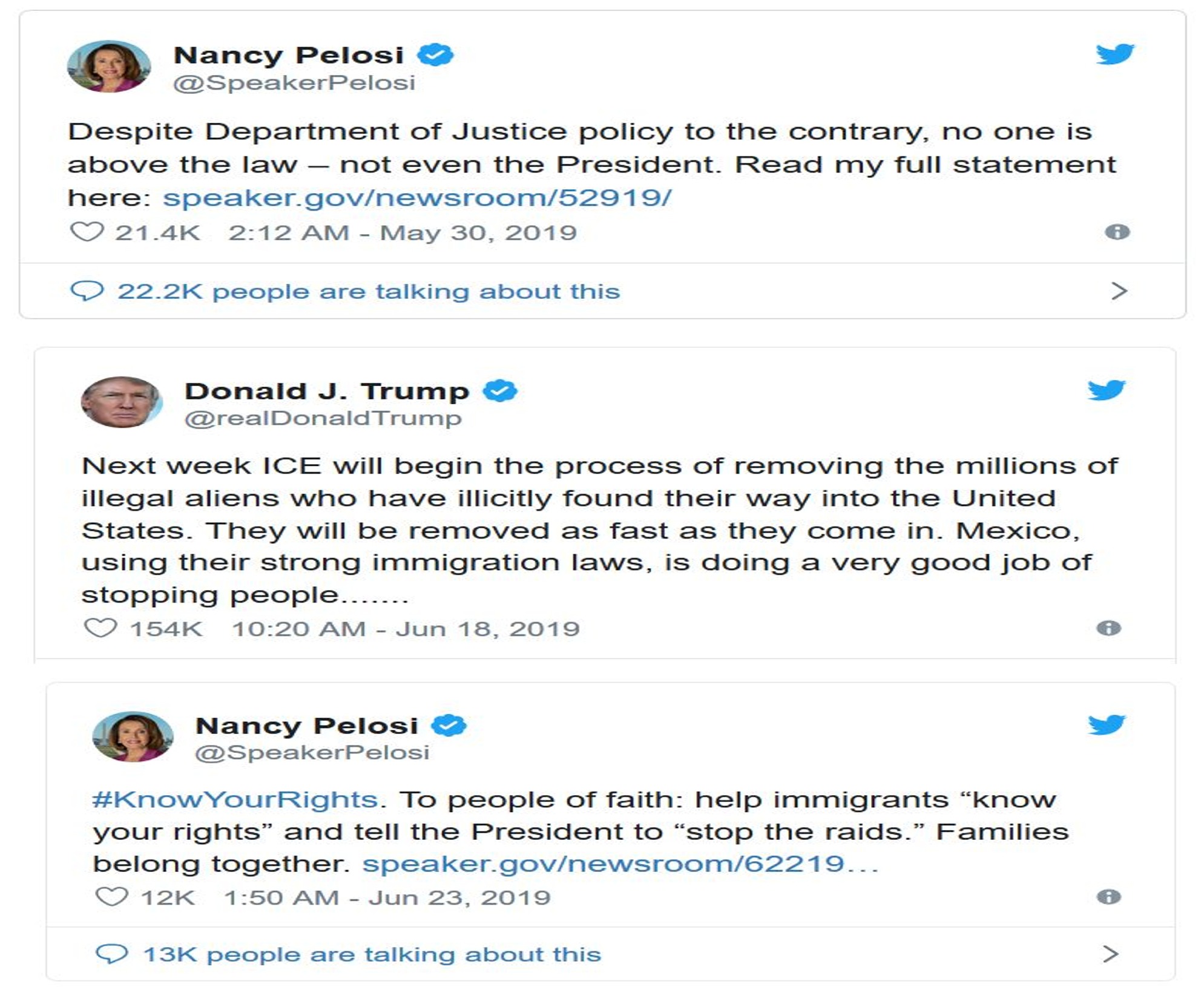 web page - Nancy Pelosi Despite Department of Justice policy to the contrary, no one is above the law not even the President. Read my full statement here speaker.govnewsroom52919 people are talking about this Donald J. Trump Trump Next week Ice will begin