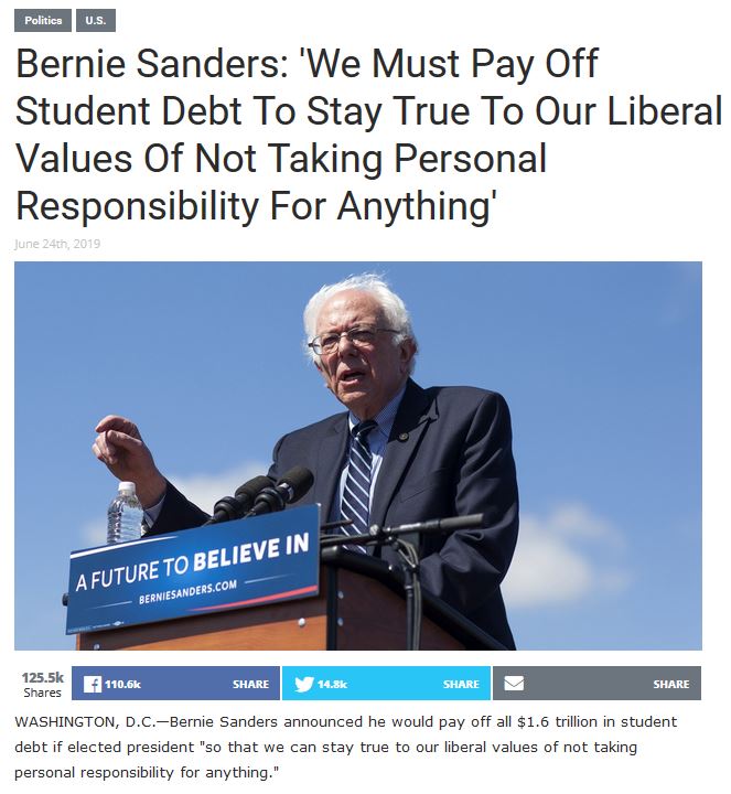 human behavior - Politics U.S. Bernie Sanders 'We Must Pay Off Student Debt To Stay True To Our Liberal Values Of Not Taking Personal Responsibility For Anything' June 24th, 2019 A Future To Believe In Berniesanders.Com Washington, D.C.Bernie Sanders anno