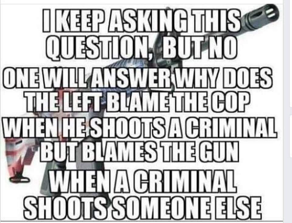 meme - Ikeep Asking This Question, But No One Will Answer Why Does The Left Blame The Cop When He Shoots A Criminal But Blames The Gun When A Criminal Shoots Someone Else