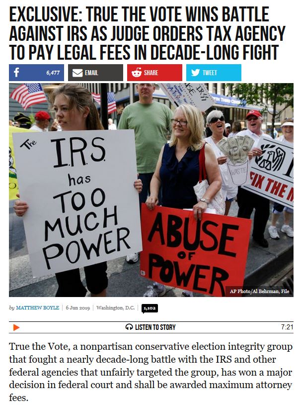 internal revenue service - Exclusive True The Vote Wins Battle Against Irs As Judge Orders Tax Agency To Pay Legal Fees In DecadeLong Fight f 6,477 Email Tweet Irs has Fix Thea Too Much Power Tower Ap PhotoAl Behrman, File by Matthew Boyle | Washington, D