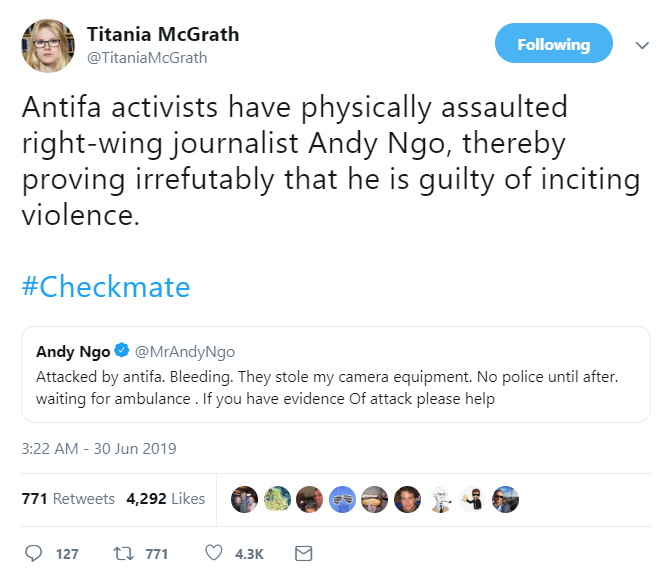 web page - Titania McGrath ing Antifa activists have physically assaulted rightwing journalist Andy Ngo, thereby proving irrefutably that he is guilty of inciting violence. Andy Ngo Attacked by antifa. Bleeding. They stole my camera equipment. No police u