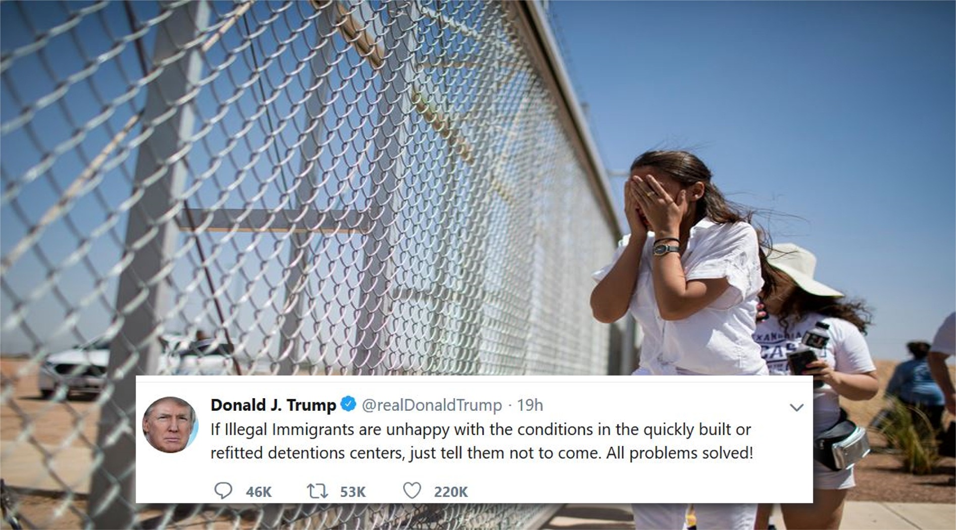 aoc fence - Donald J. Trump Trump 19h If illegal immigrants are unhappy with the conditions in the quickly built or refitted detentions centers, just tell them not to come. All problems solved! 46